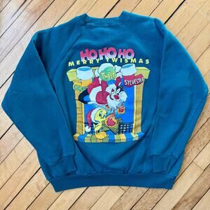 Vintage 1997 Looney Tunes Christmas Sweatshirt Tweety Sylvester Large Green